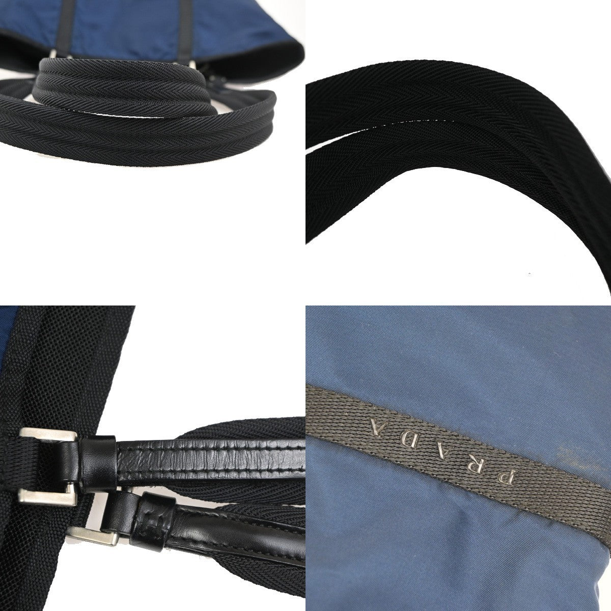 PRADA Logo Shoulder Tote Bag Nylon Canvas Leather Blue Black Italy 36MA685