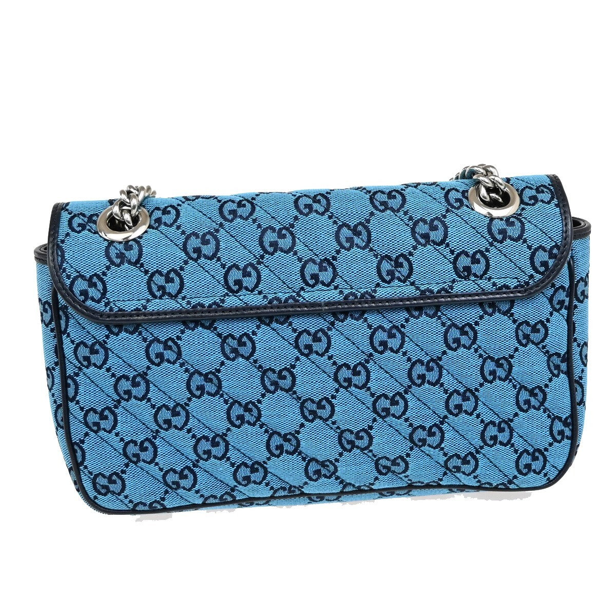 GUCCI GG Pattern Marmont Chain Shoulder Bag Canvas Leather Blue SHW 631RF272