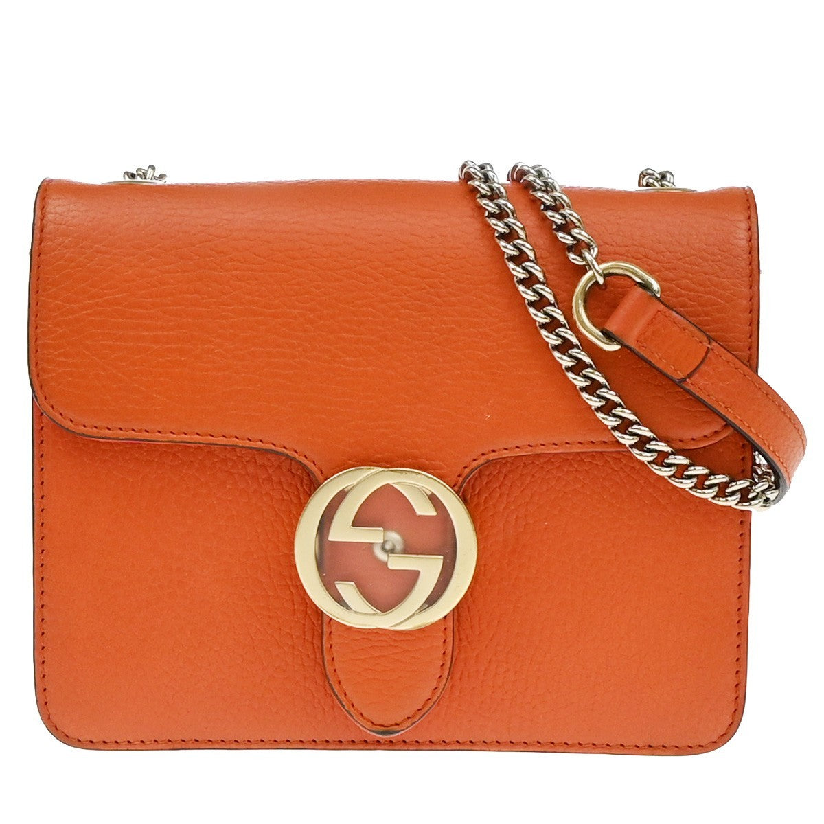 GUCCI Logo Interlocking G Chain Mini Shoulder Bag Leather Orange GHW 58KP125