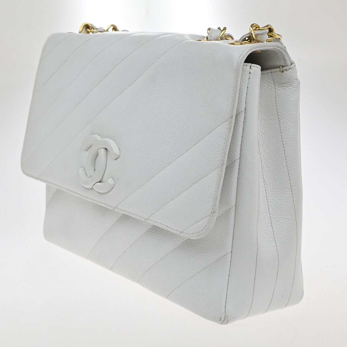 CHANEL CC Chain Shoulder Bag Grained Calfskin Leather White Vintage 834RP178