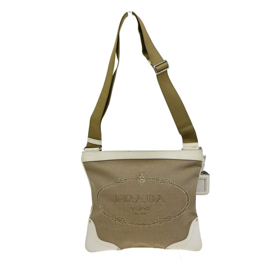 PRADA MILANO Logo Jacquard Shoulder Bag  Leather Canvas Beige White 85CA963