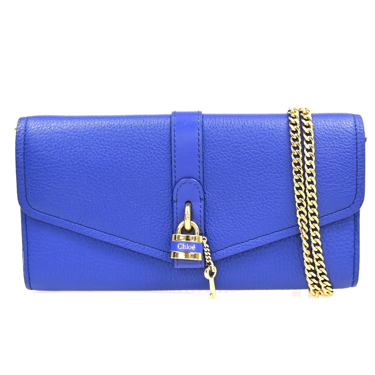 CHLOE Logo Chain Shoulder Bifold Long Wallet Leather Blue GHW Spain 64MA495