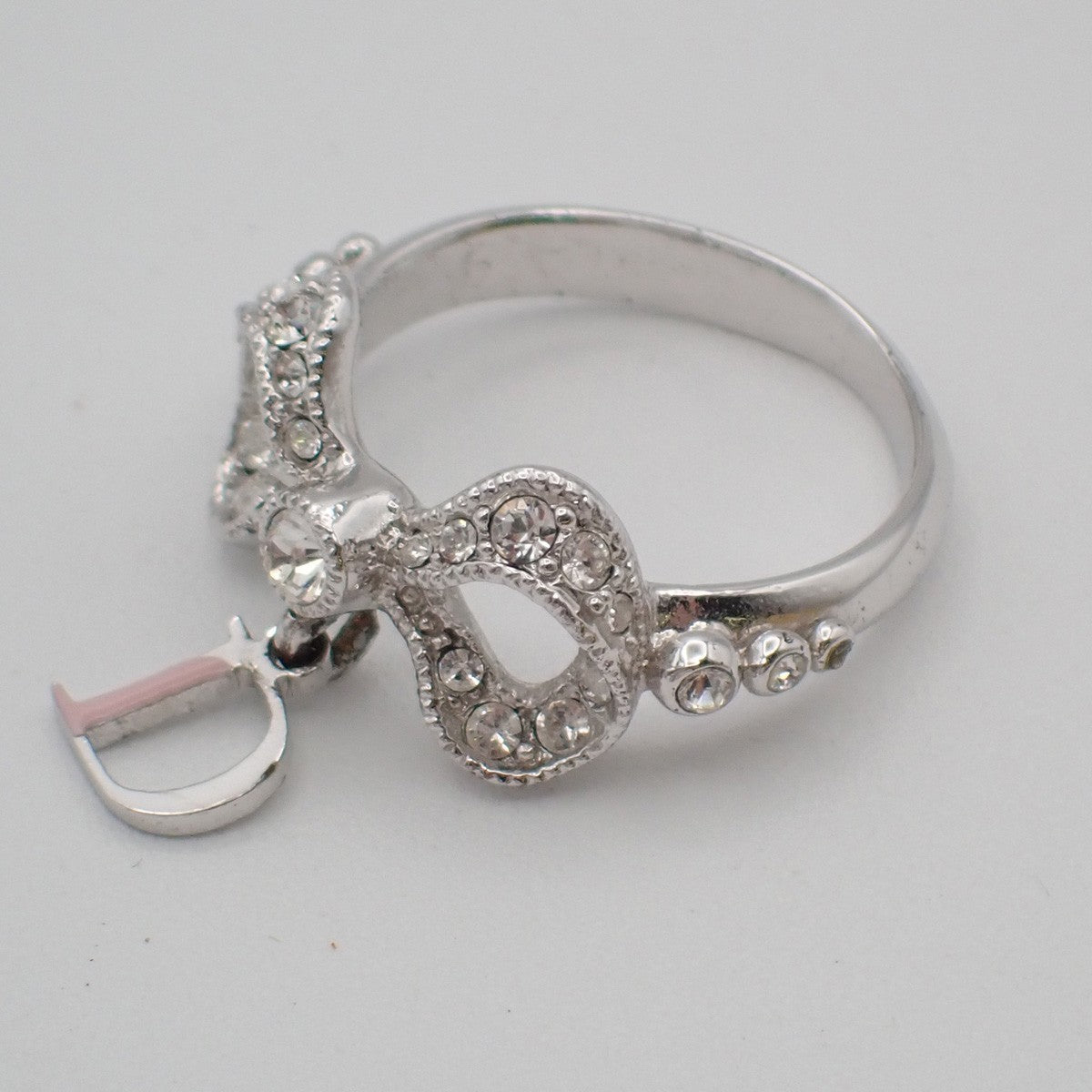 Dior Logo Rhinestone Bow Ring Silver Plated Accessory 09EF811