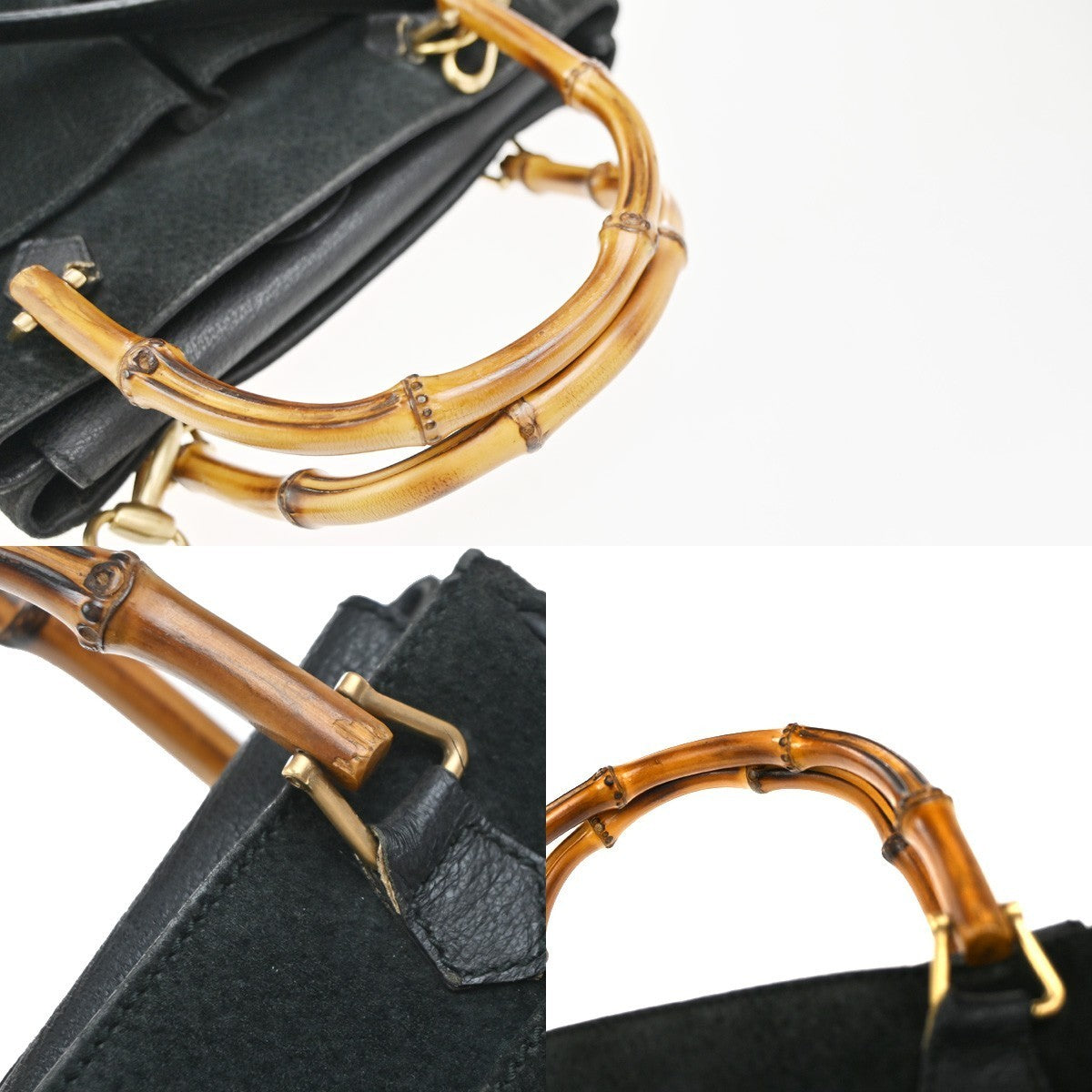 GUCCI Logo Bamboo 2Way Shoulder Hand Bag Suede Leather Black GHW Italy 64KP435