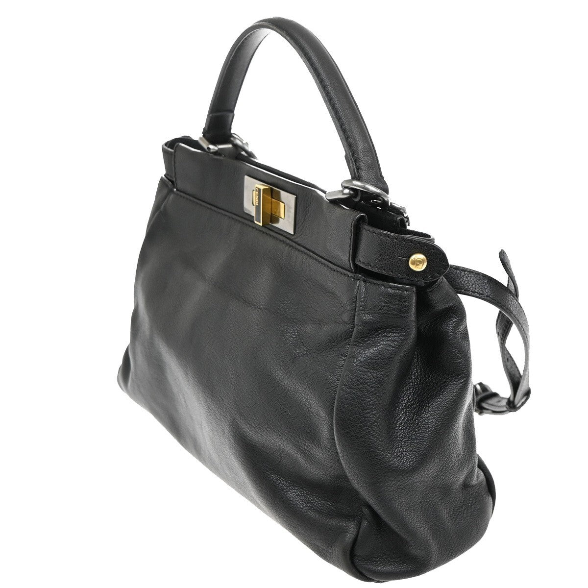 FENDI Logo Peekaboo 2Way Shoulder Hand Bag Leather Black Italy 85EE301