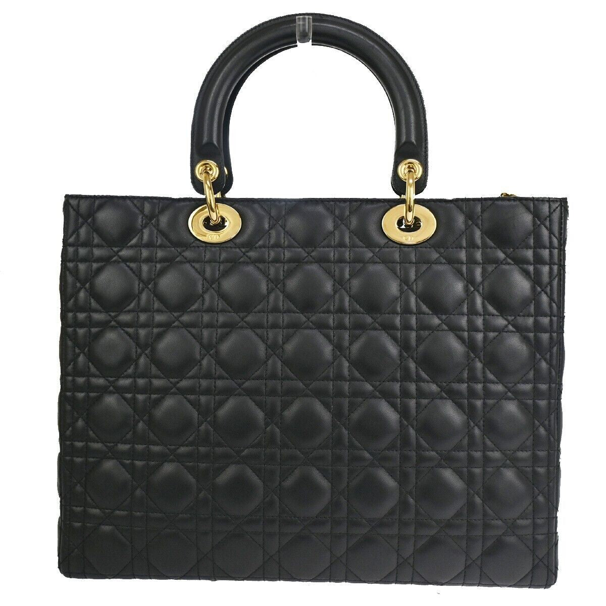 CHRISTIAN DIOR Lady Cannage Hand Tote Bag Leather Black Gold Italy 650RC585