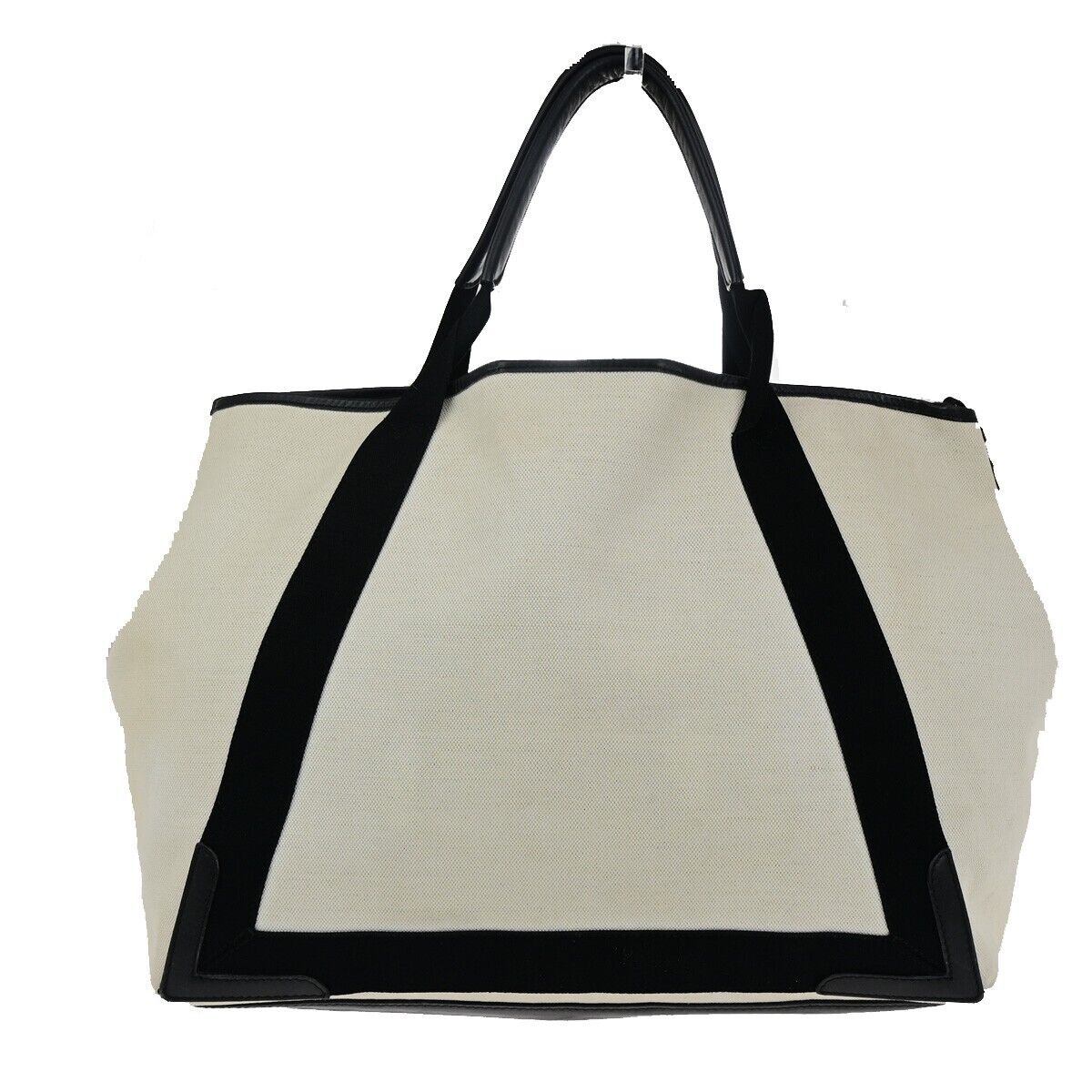 BALENCIAGA Navy Cabas M Shoulder Hand Bag Canvas Leather Ivory Black 37FB060