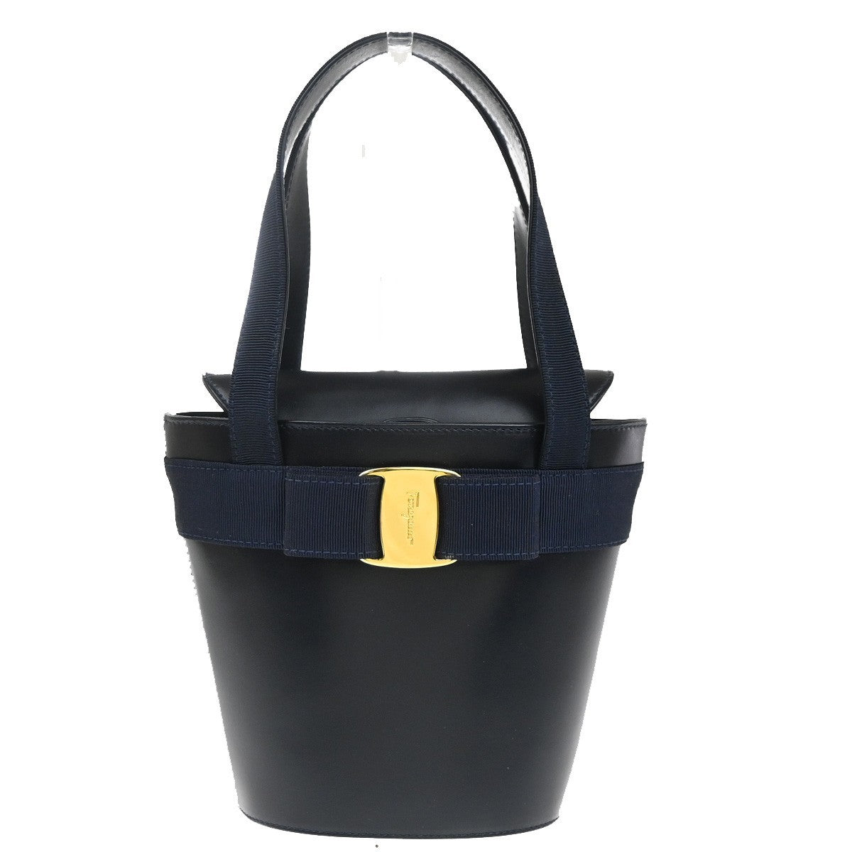 SALVATORE FERRAGAMO Logo Vara Hand Bag Leather Canvas Navy Blue GHW 64CA767