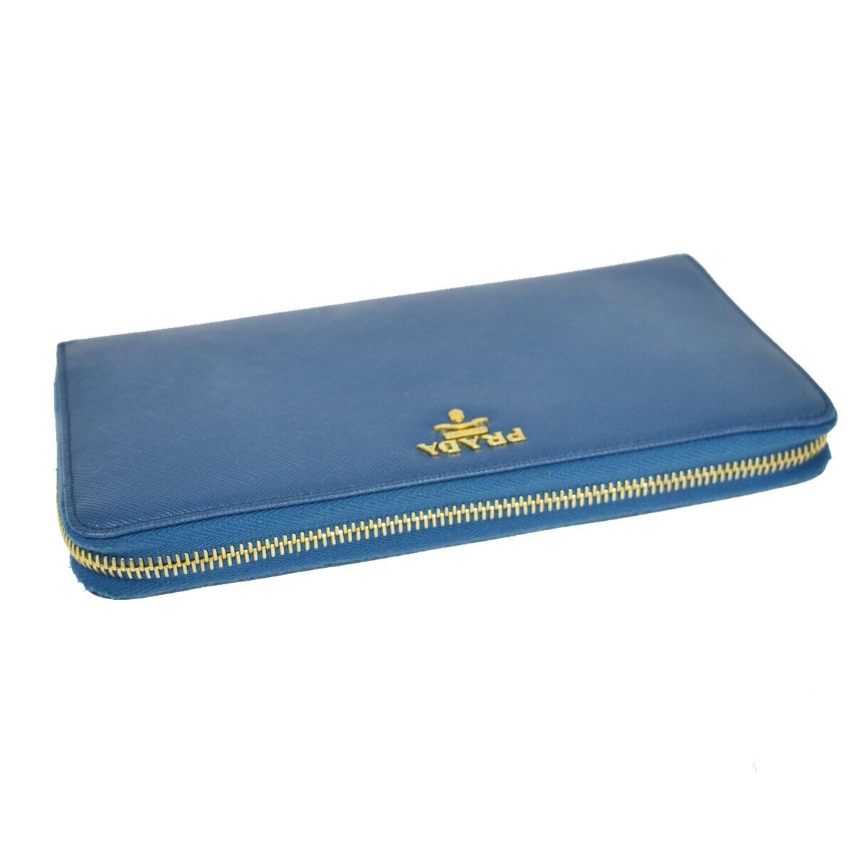 PRADA Logo Long Bifold Organizer Wallet Purse Saffiano Leather Blue Gold 89RH569