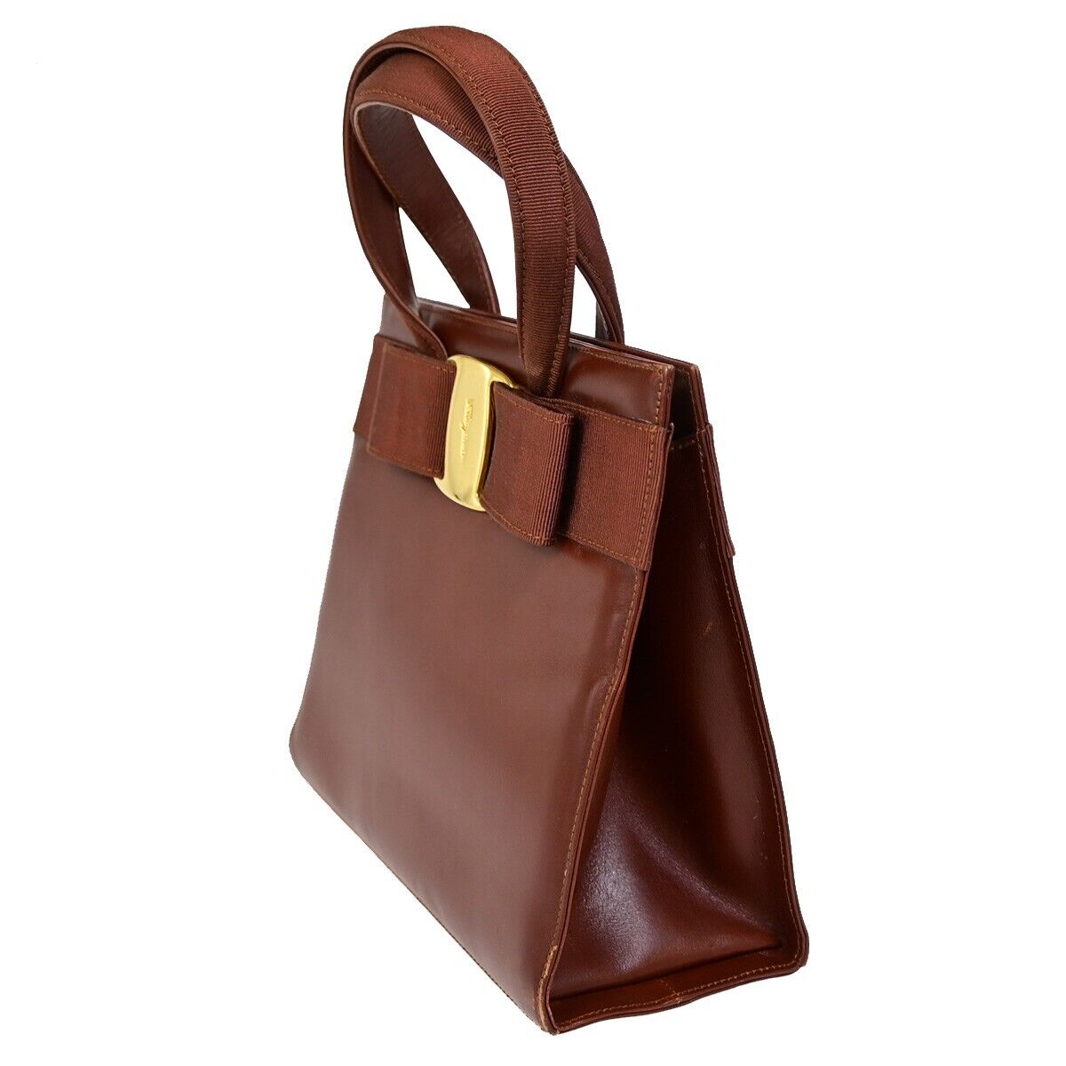 SALVATORE FERRAGAMO Vara Hand Bag Canvas Leather Brown Gold-plated Italy 61HB933