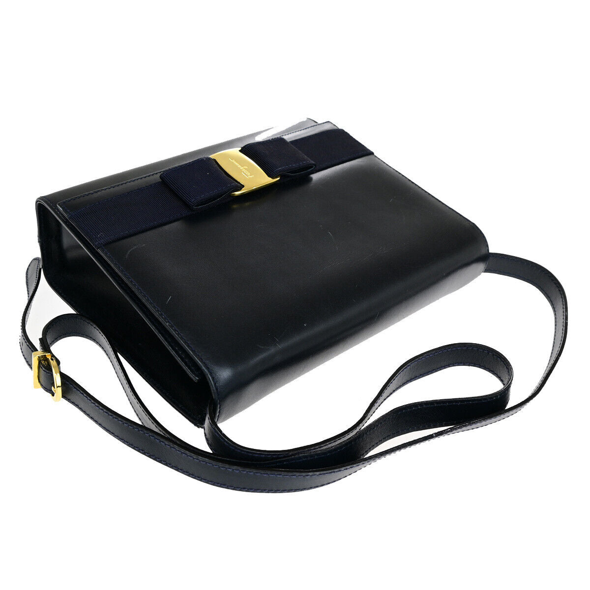 SALVATORE FERRAGAMO Logo Vara Shoulder Bag Leather Navy Blue GHW Italy 68YG010