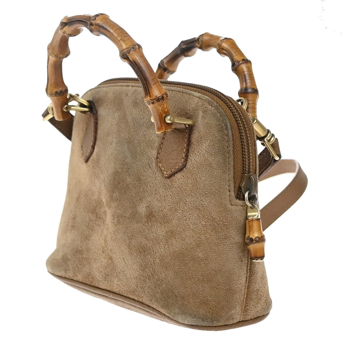 GUCCI Logo Bamboo 2Way Mini Shoulder Hand Bag Suede Leather Brown GHW 62EG353