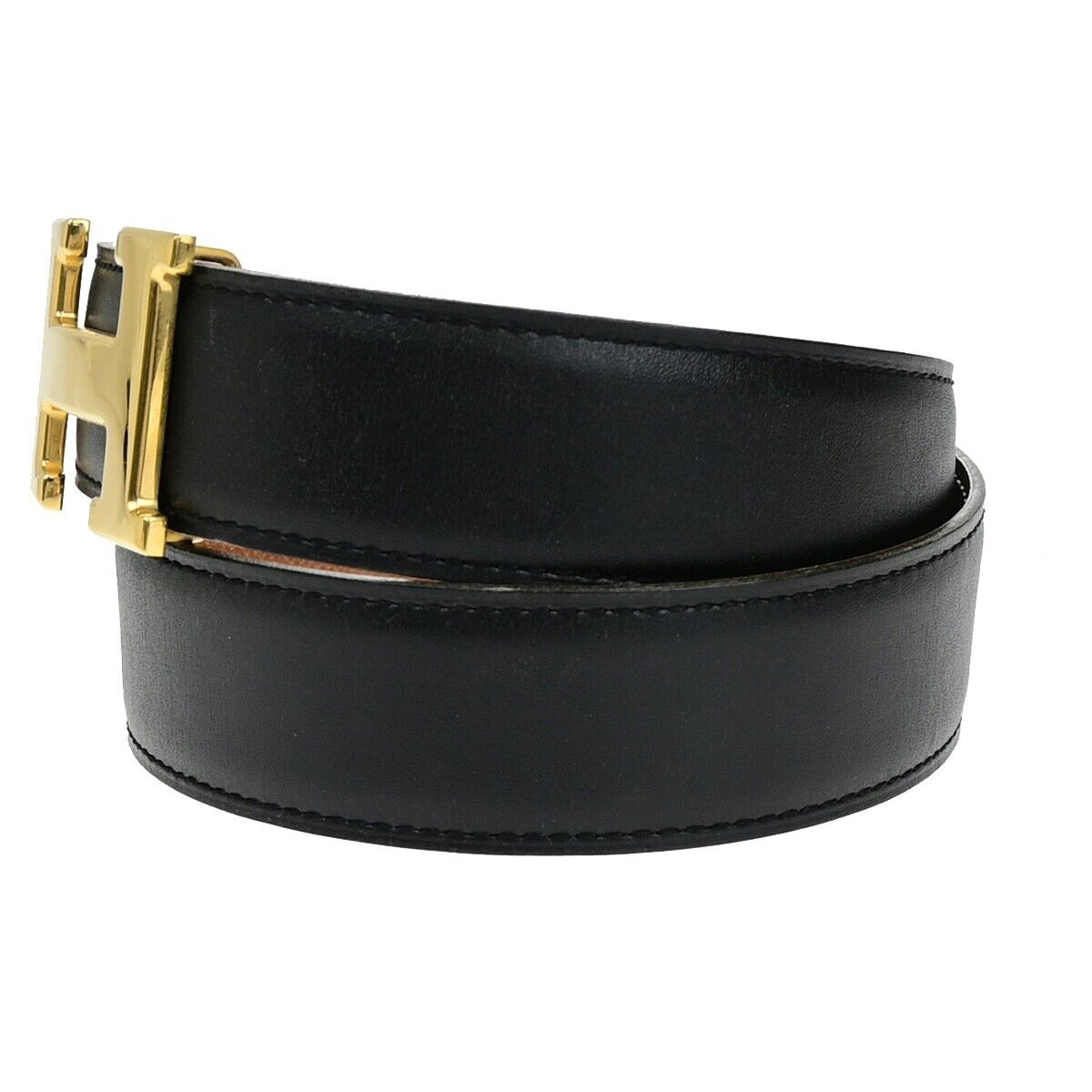 HERMES H Logo Constance Reversible Buckle Belt Leather #65 Black Brown 34YG811