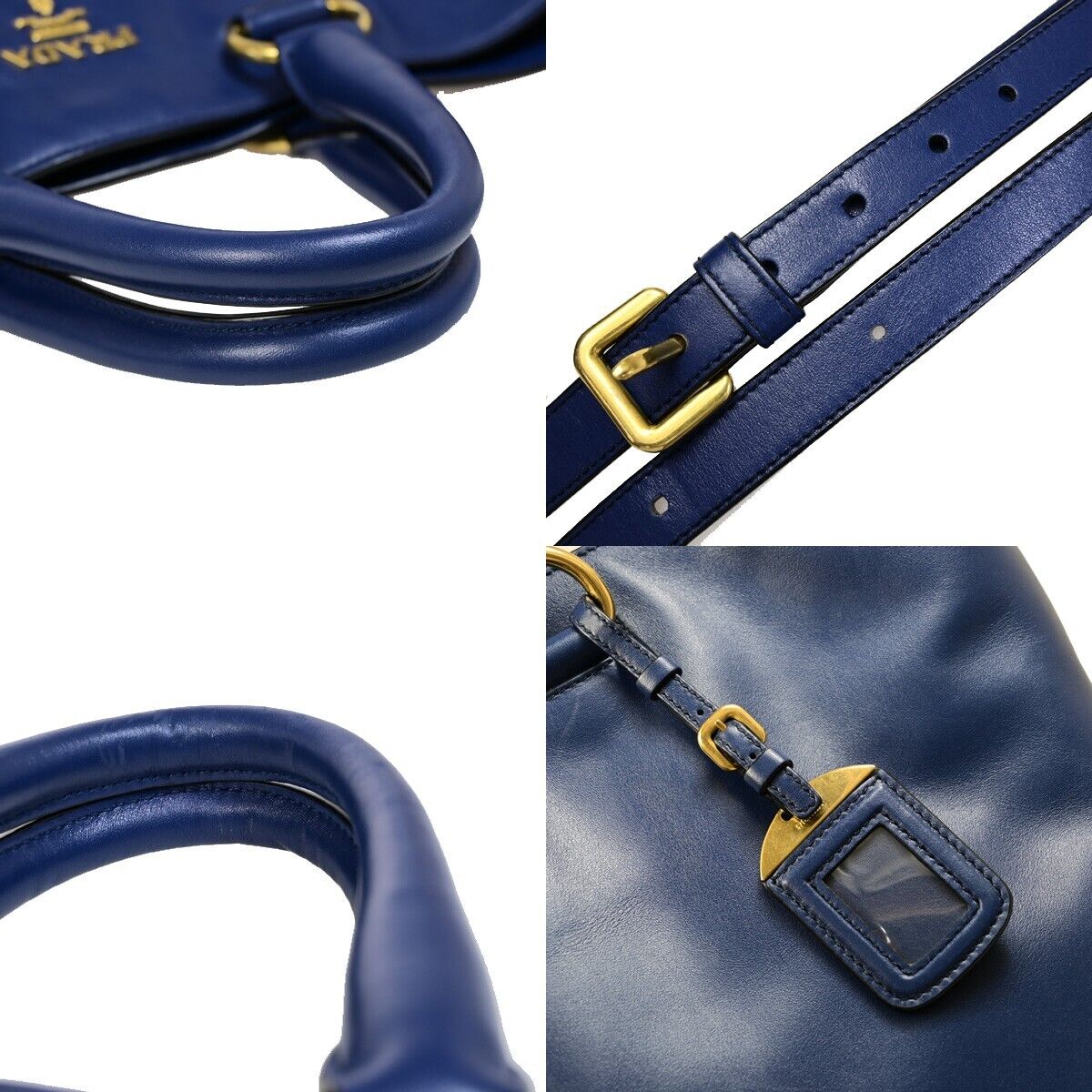 PRADA MILNO Logo 2Way Shoulder Tote Bag Leather Blue Gold-Plated 70EB366