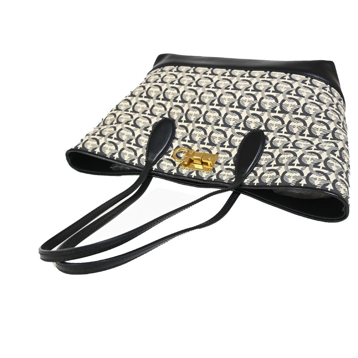 SALVATORE FERRAGAMO Gancini Shoulder Tote Bag Canvas Leather Black Gold 35SH764