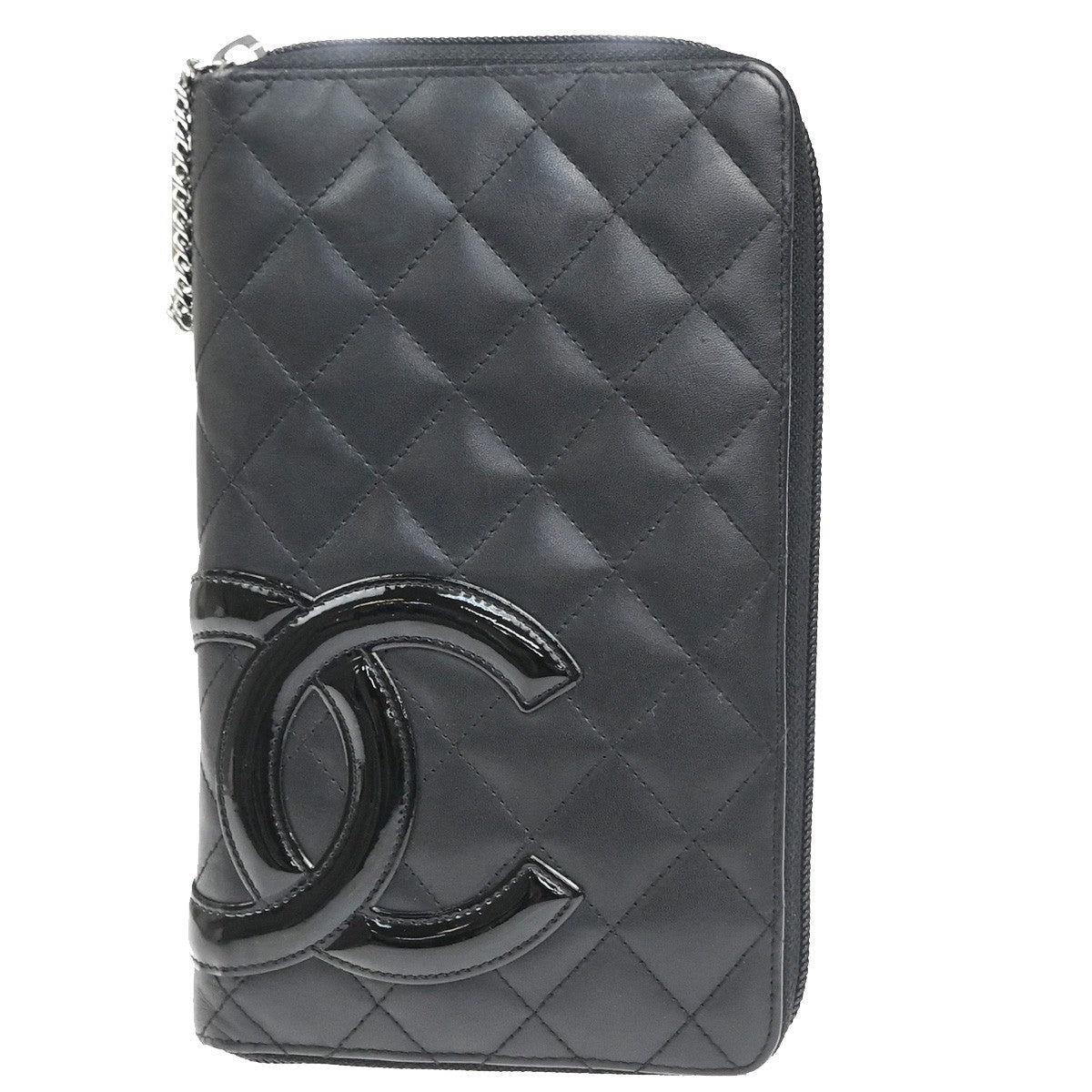 CHANEL CC Cambon Line Zip Around Long Wallet Patent Leather Black Spain 39KD046