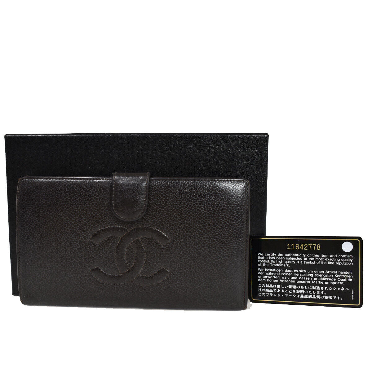 CHANEL CC Logo Long Bifold Wallet Purse Caviar Skin Leather Brown Spain 86RC723