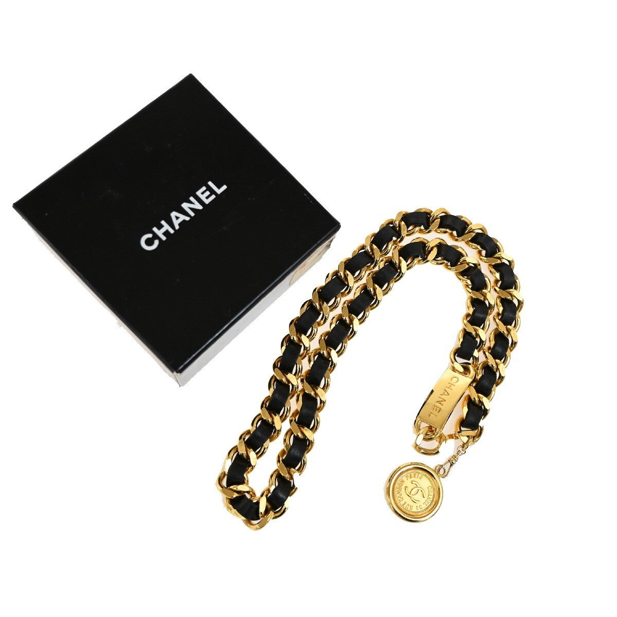 CHANEL CC Plate Medallion Charm Chain Belt Leather Black GHW Accessory 24RL137