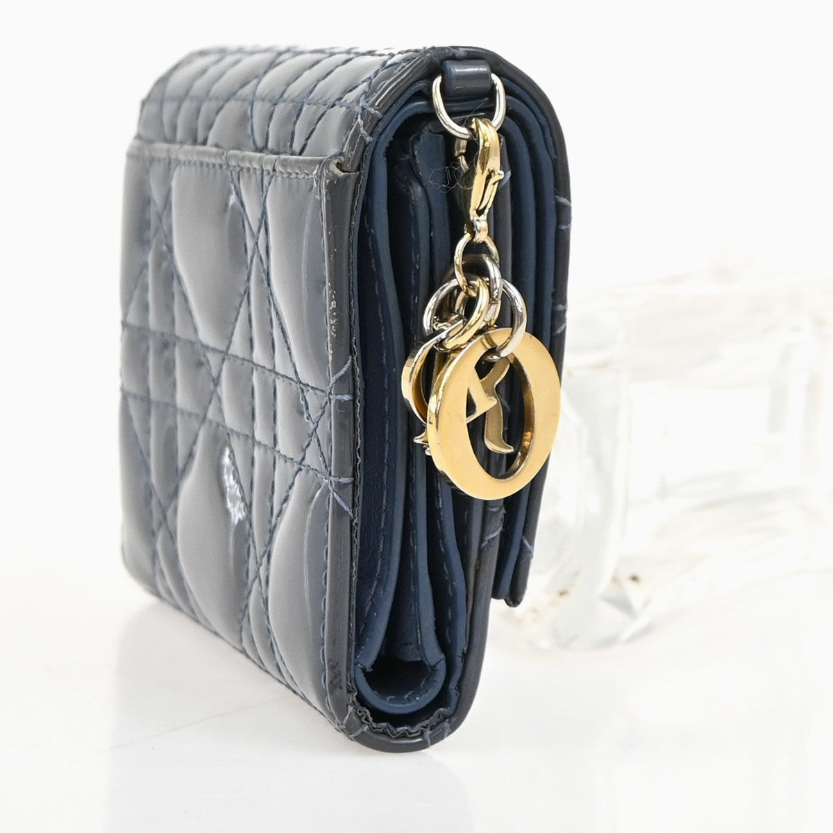 CHRISTIAN DIOR Cannage Mini Lady Dior Wallet Patent Leather Blue GHW 02KD081