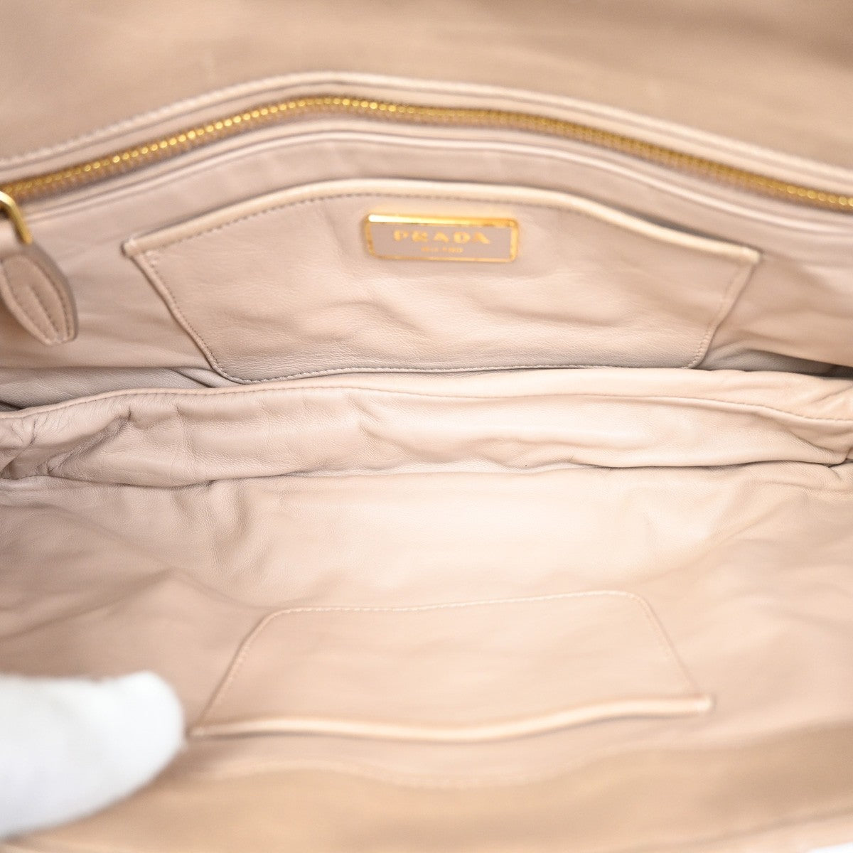 PRADA Logo Flap Shoulder Hand Bag Gathered Nappa Leather Beige Italy 70MA395