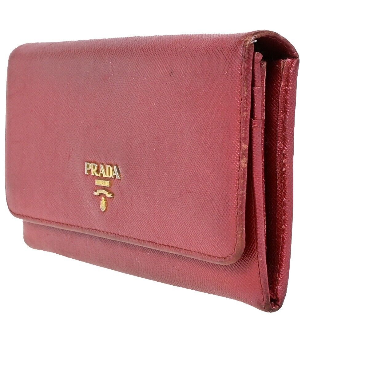 PRADA Logo Bifold Long Zipper Bifold Wallet Saffiano Leather Red Gold 03EB369