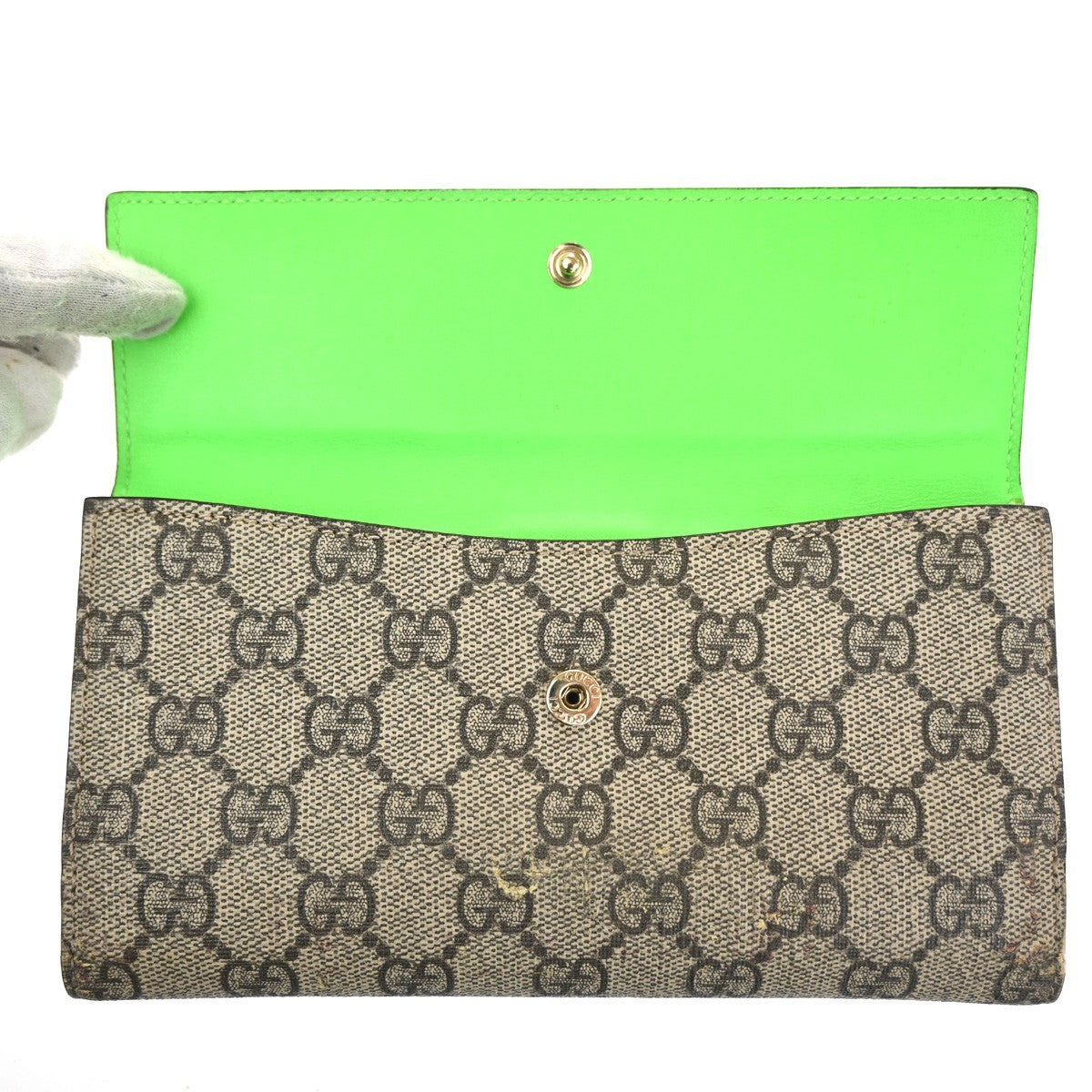 GUCCI GG heart Bifold Long Wallet Supreme Leather Green Beige GHW 01KC911