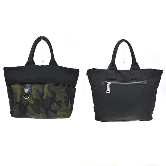 PRADA Logo Reversible Tessuto Hand Bag Nylon Leather Camouflage Black  80YH249