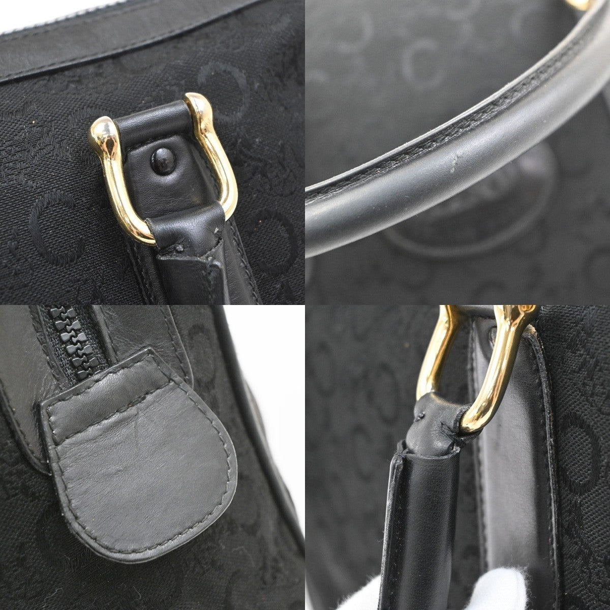 CELINE Logo C Macadam Horse Carriage Hand Bag Canvas Leather Black GHW 32MA687