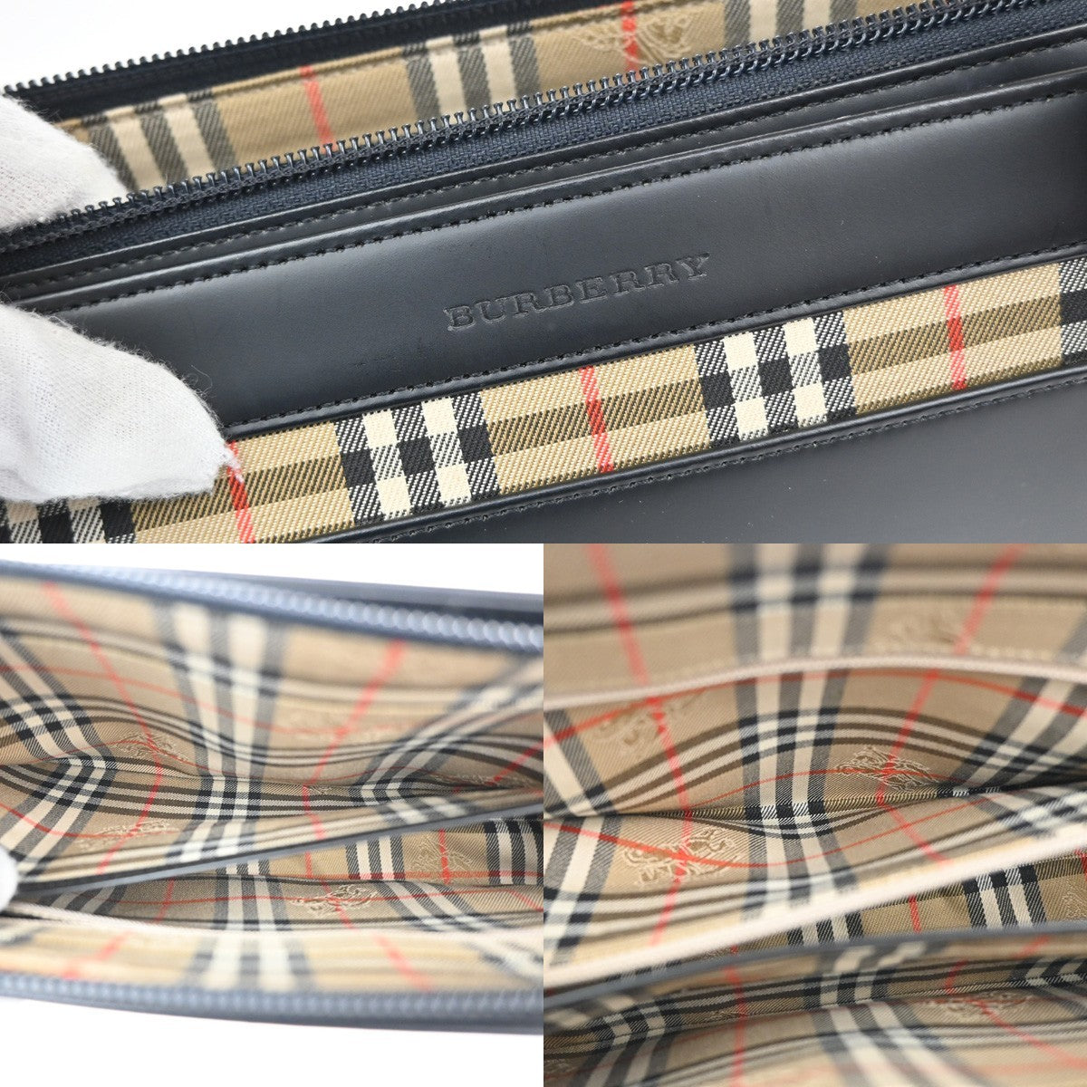 BURBERRY Logo Nova Check Shoulder Tote Bag Leather Canvas Black Beige 36RL524