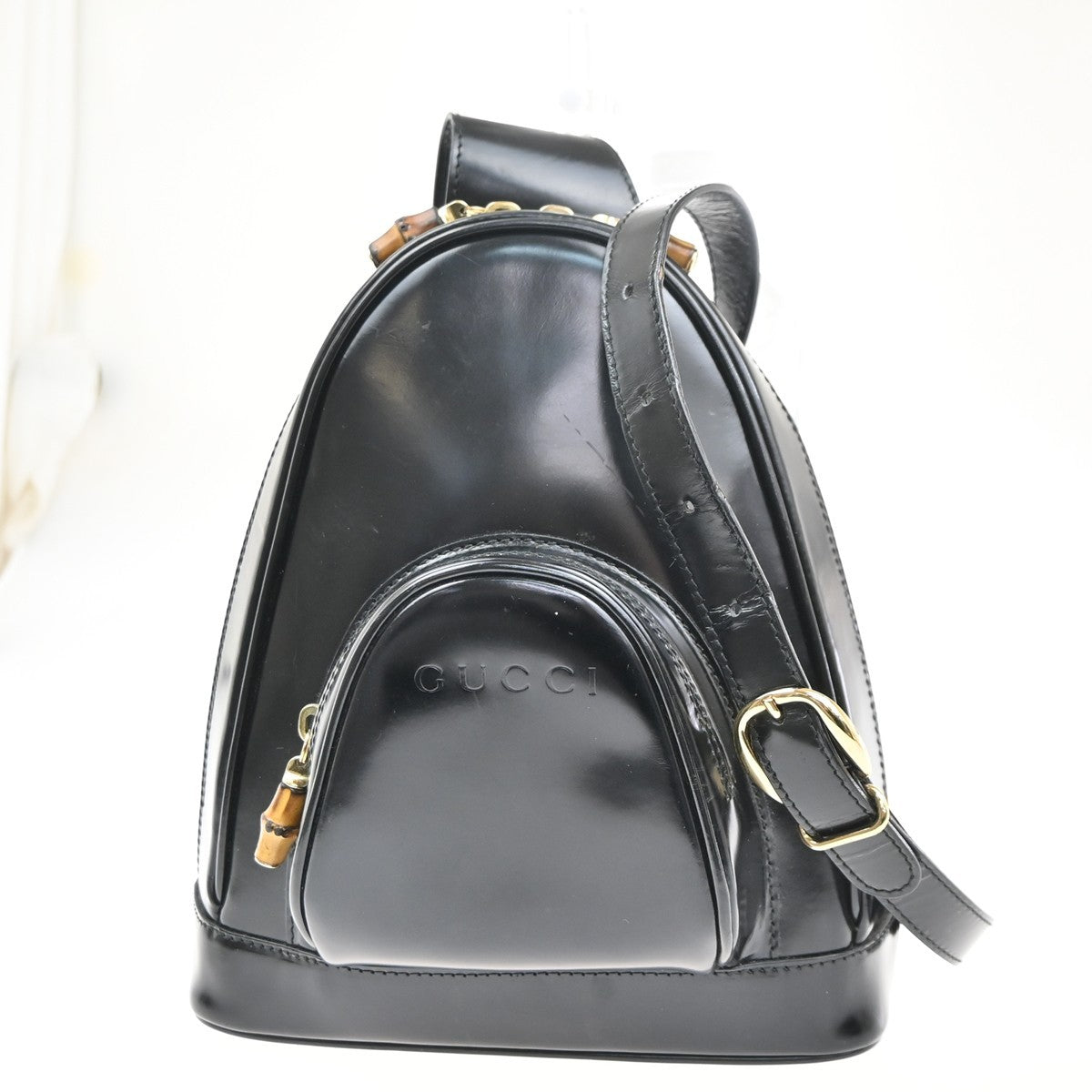 GUCCI Logo Bamboo One Shoulder Body Bag Patent Leather Black GHW Italy 07KC479