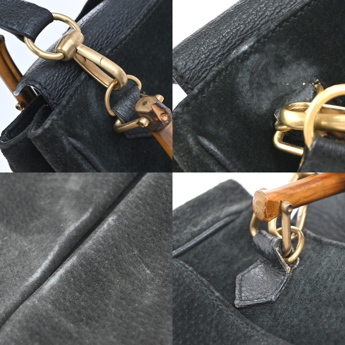 GUCCI Logo Bamboo 2Way Shoulder Hand Bag Suede Leather Black GHW Italy 64KP435
