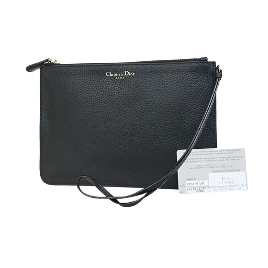CHRISTIAN DIOR Logo Clutch Hand Bag Leather Black GHW Made In Italy 61KA391