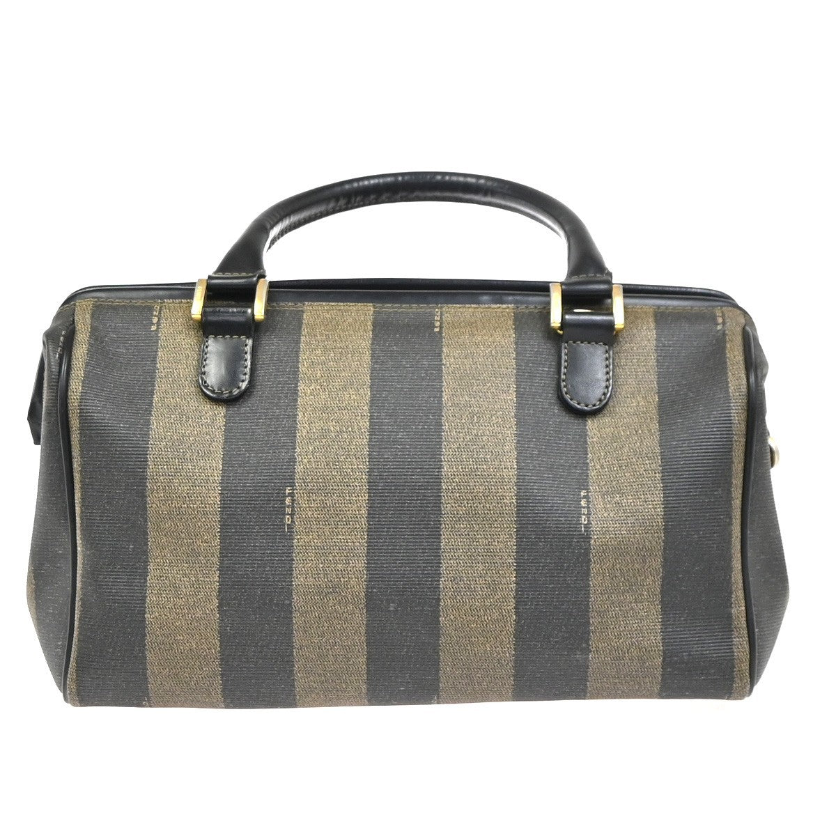 FENDI Logo Pequin Mini Boston Hand Bag PVC Leather Black Khaki GHW Italy 32YH898