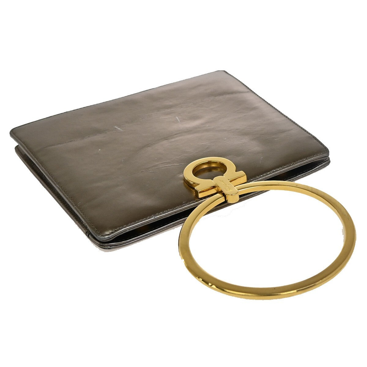 SALVATORE FERRAGAMO Gancini Metal Handle Clutch Hand Bag Leather Gold 62FB855