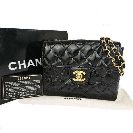 CHANEL CC Mini Matelasse Chain Shoulder Bag Patent Leather Black GHW 332RJ334