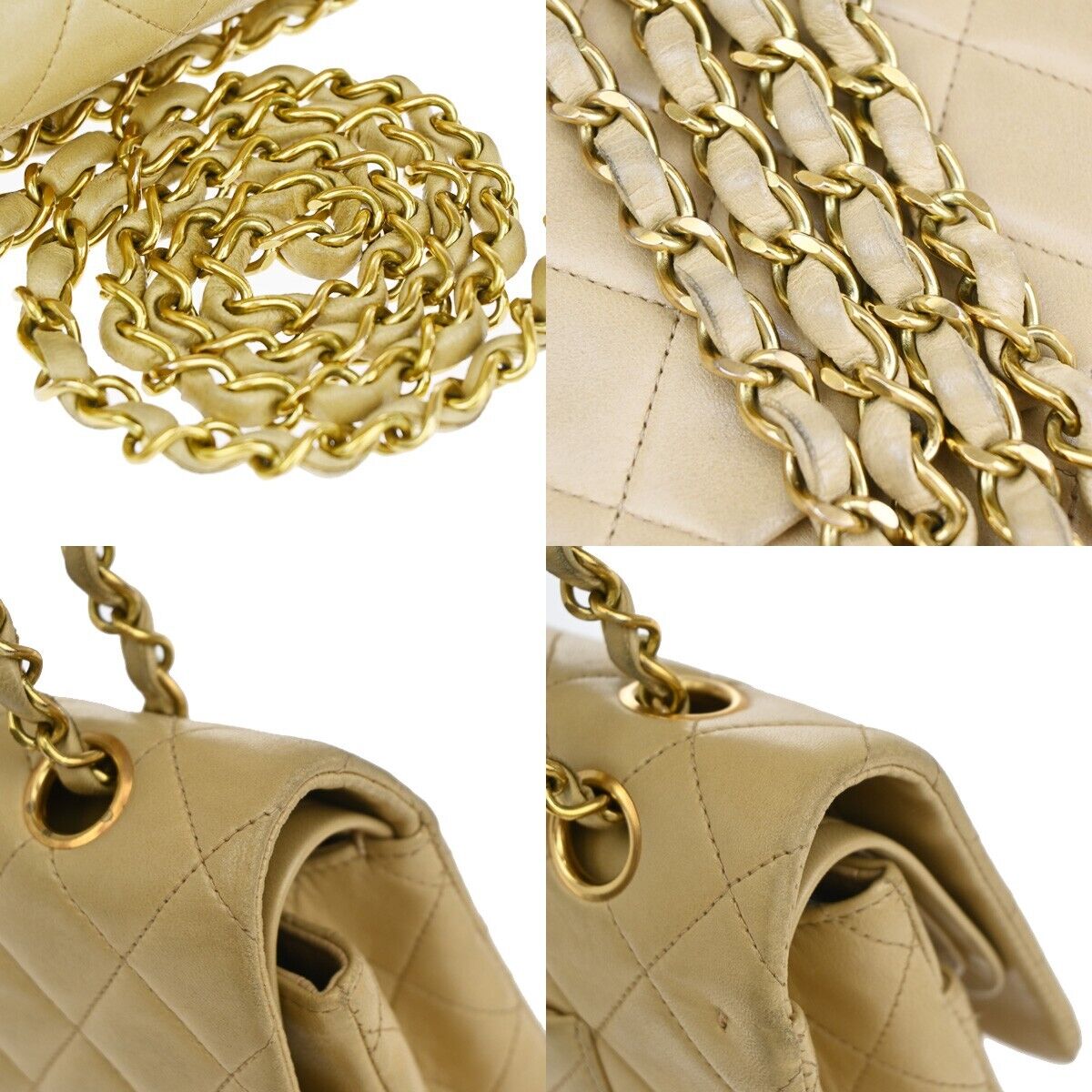CHANEL CC Matelasse 25 Double Flap Chain Shoulder Bag Leather Beige GHW 381RJ843