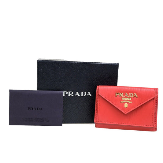 PRADA MILANO Logo Trifold Compact Wallet Vitello Move Leather Red Gold 86RF207