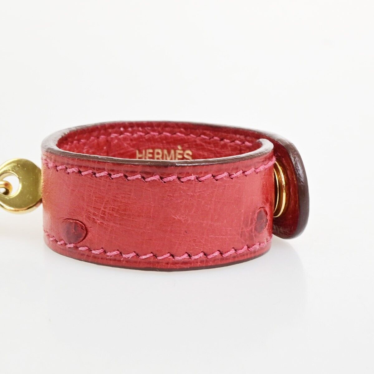 HERMES Logo Chain Glove Holder Exotic Leather Gold-plated Red Accessory 67KA565