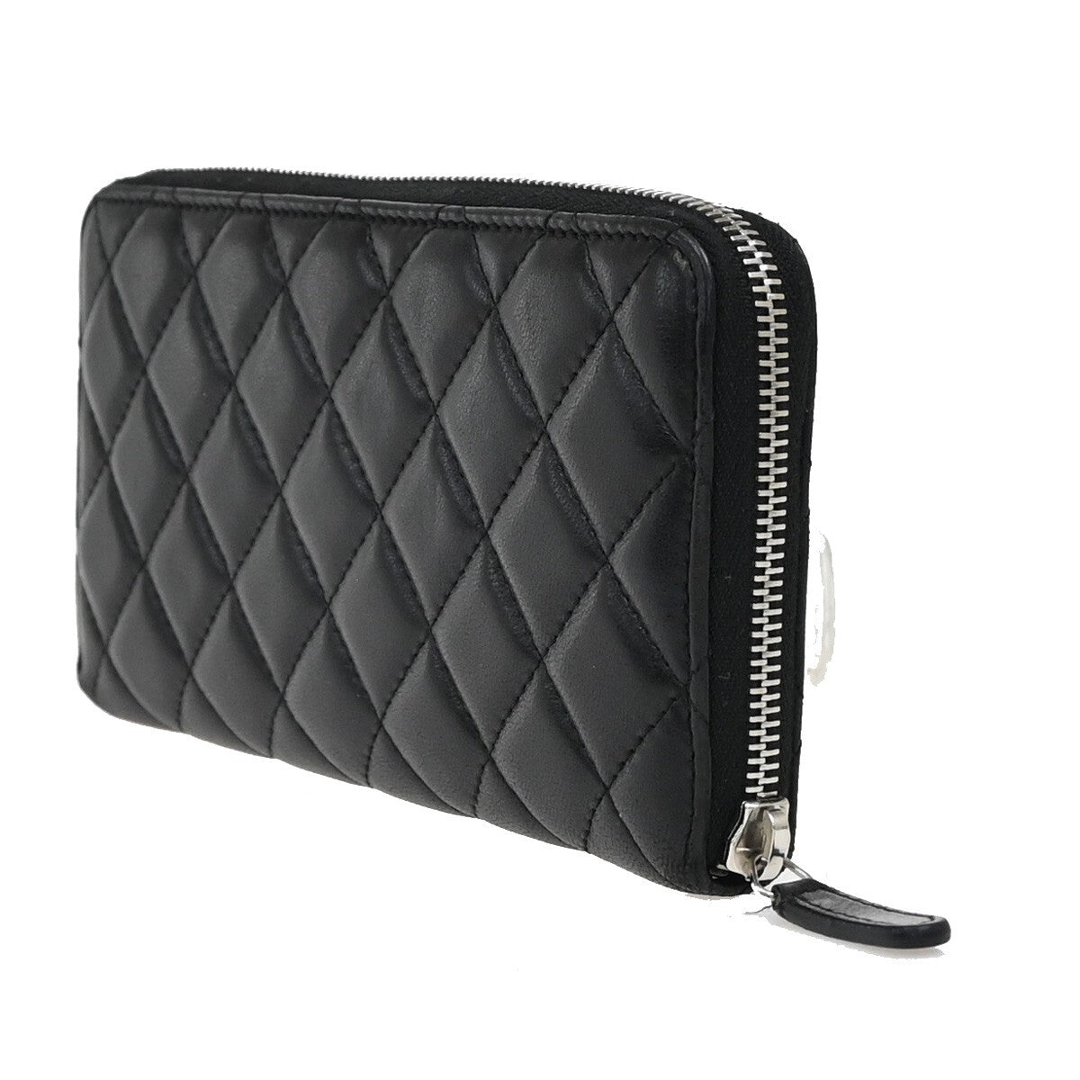 CHANEL CC Logo Matelasse Zip Around Long Wallet Leather Black Silver 10RF286