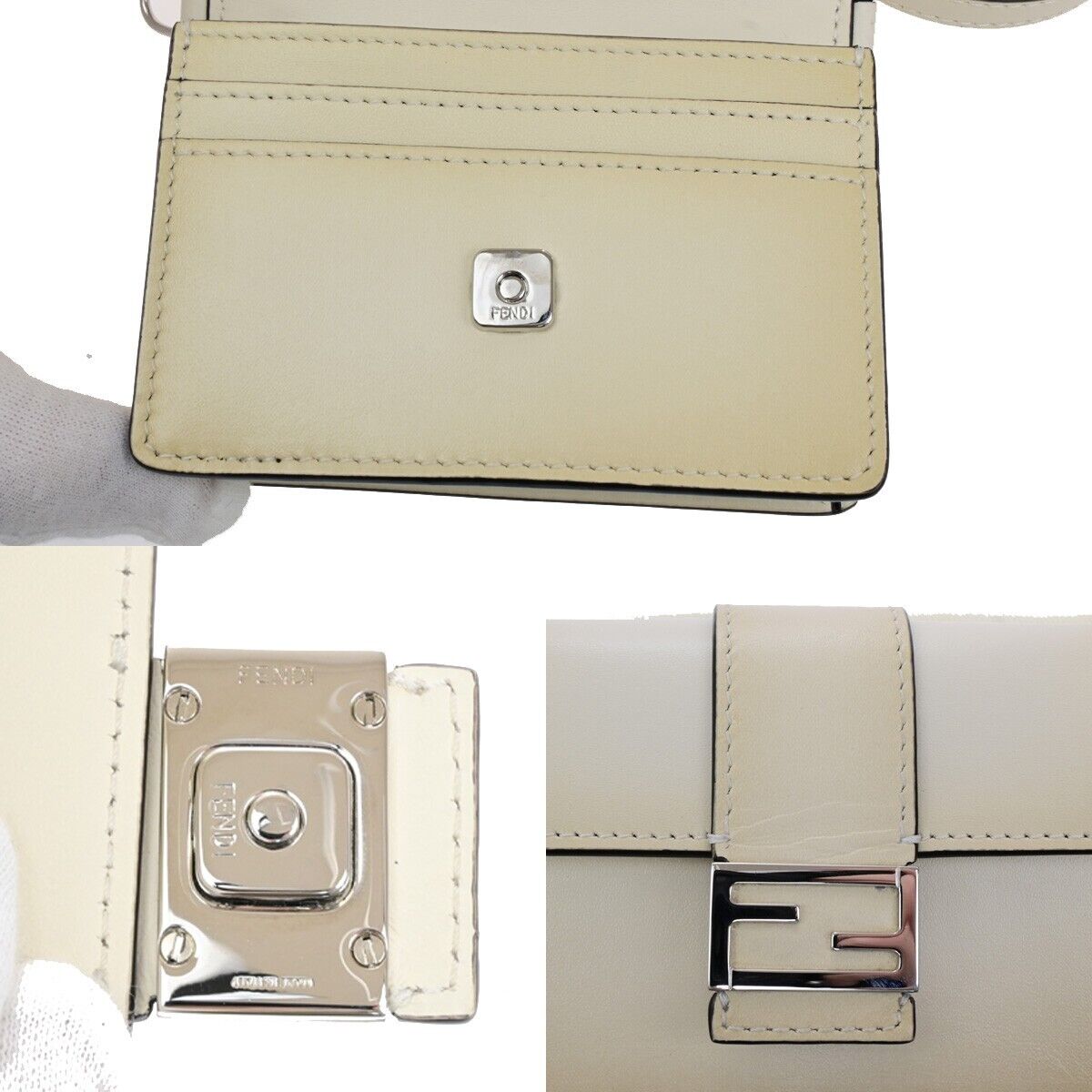 FENDI Logo Mini Flat Baguette Shoulder Bag Wallet Leather White 7M0311 89ED465