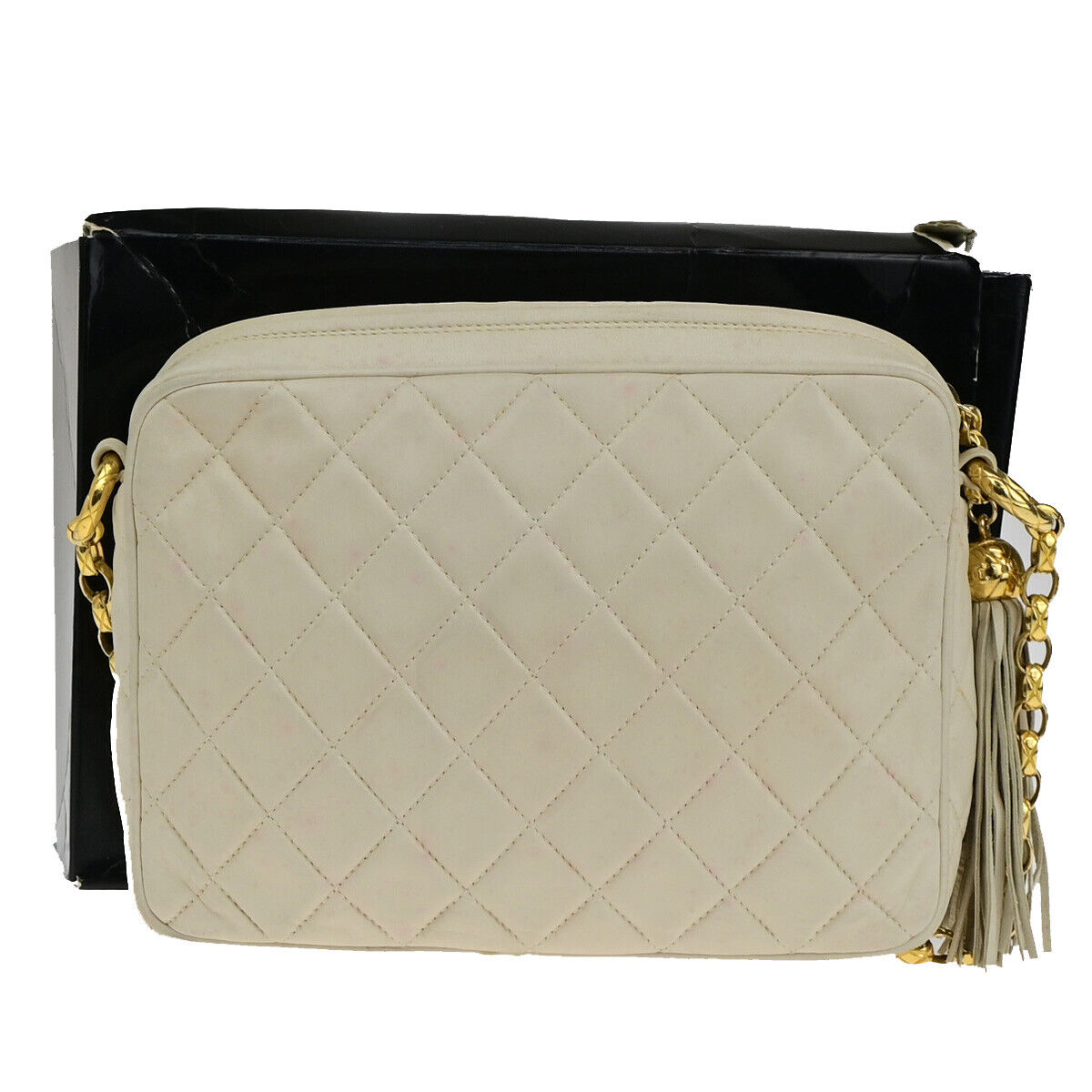CHANEL CC Matelasse Tassel Chain Shoulder Bag Leather Ivory GHW Vintage 23RK412