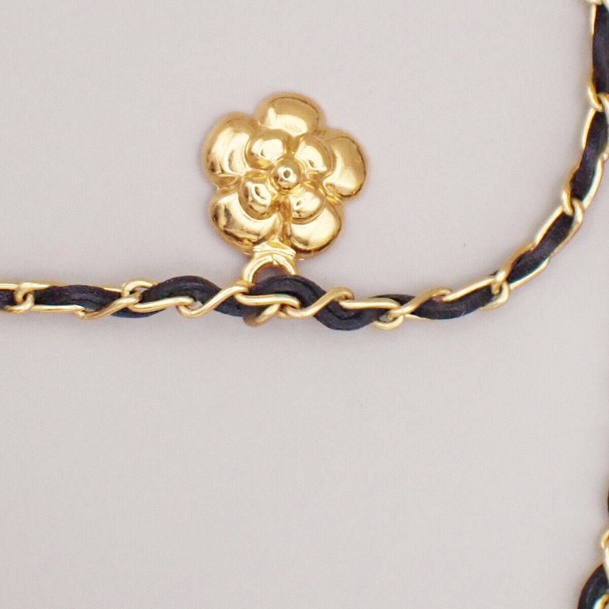 CHANEL CC Camellia Clover Chain Necklace 96P Leather GHW Vintage 665RK645