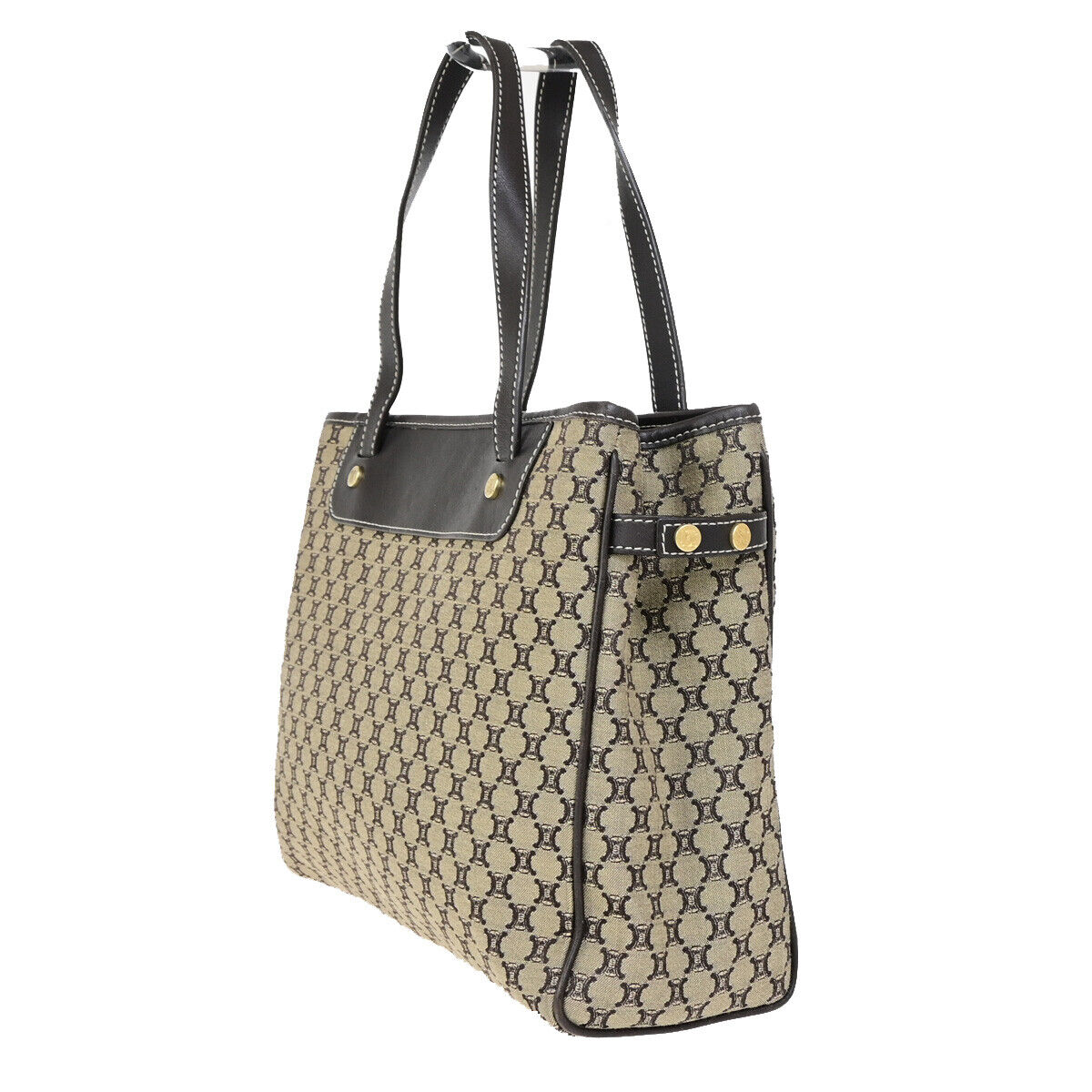 CELINE Logo Macadam Pattern Shoulder Tote Bag Canvas Leather Brown GHW 30SJ476