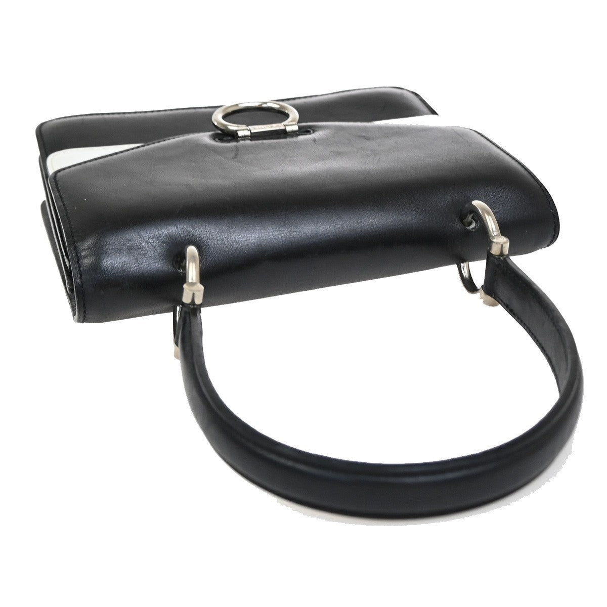 CELINE Logo Bicolor Double Flap Hand Bag Leather Black White Italy 80EG224
