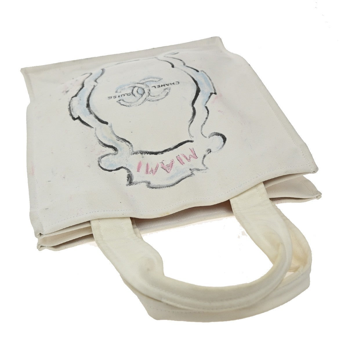 CHANEL CC Logo Cruise Line Miami Shoulder Tote Bag Canvas White 89KP264