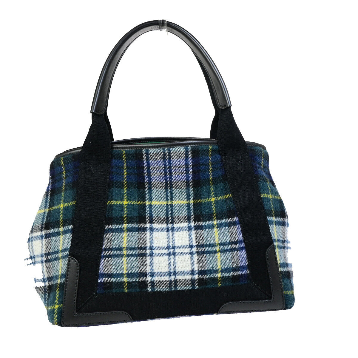 BALENCIAGA Navy Cabas S Hand Tote Bag Check Wool Leatehr Green Black 34RK296