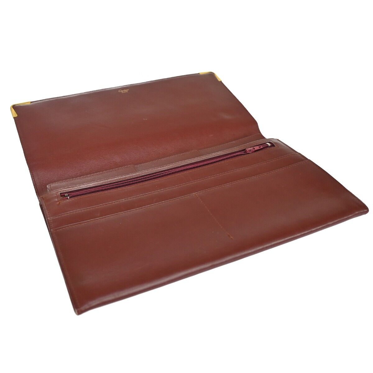 MUST DE CARTIER 2C Logo Wallet Clutch Hand Bag Leather Bordeaux Gold 09EA094