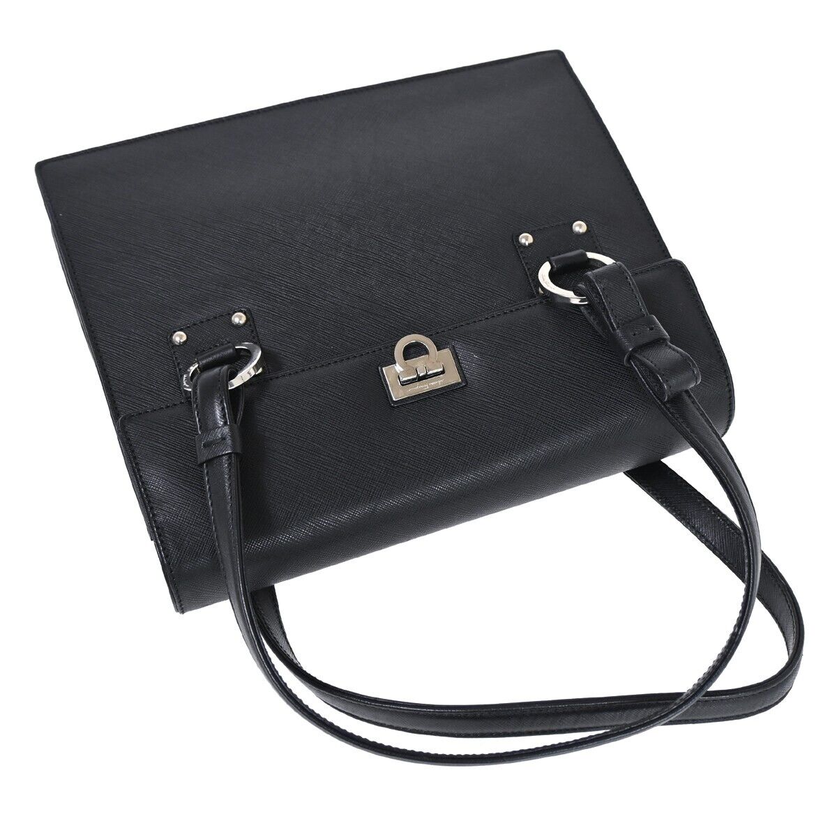 SALVATORE FERRAGAMO Gancini Hand Bag Leather Black Silver Made in Italy 62HB100