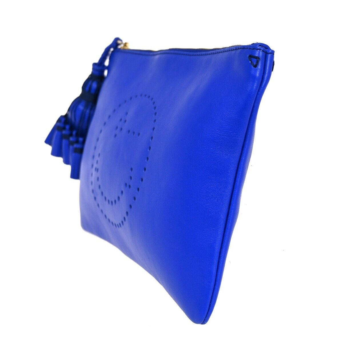 ANYA HINDMARCH Logo Smiley Wink Fringe Clutch Hand Bag Leather Blue 36HB218