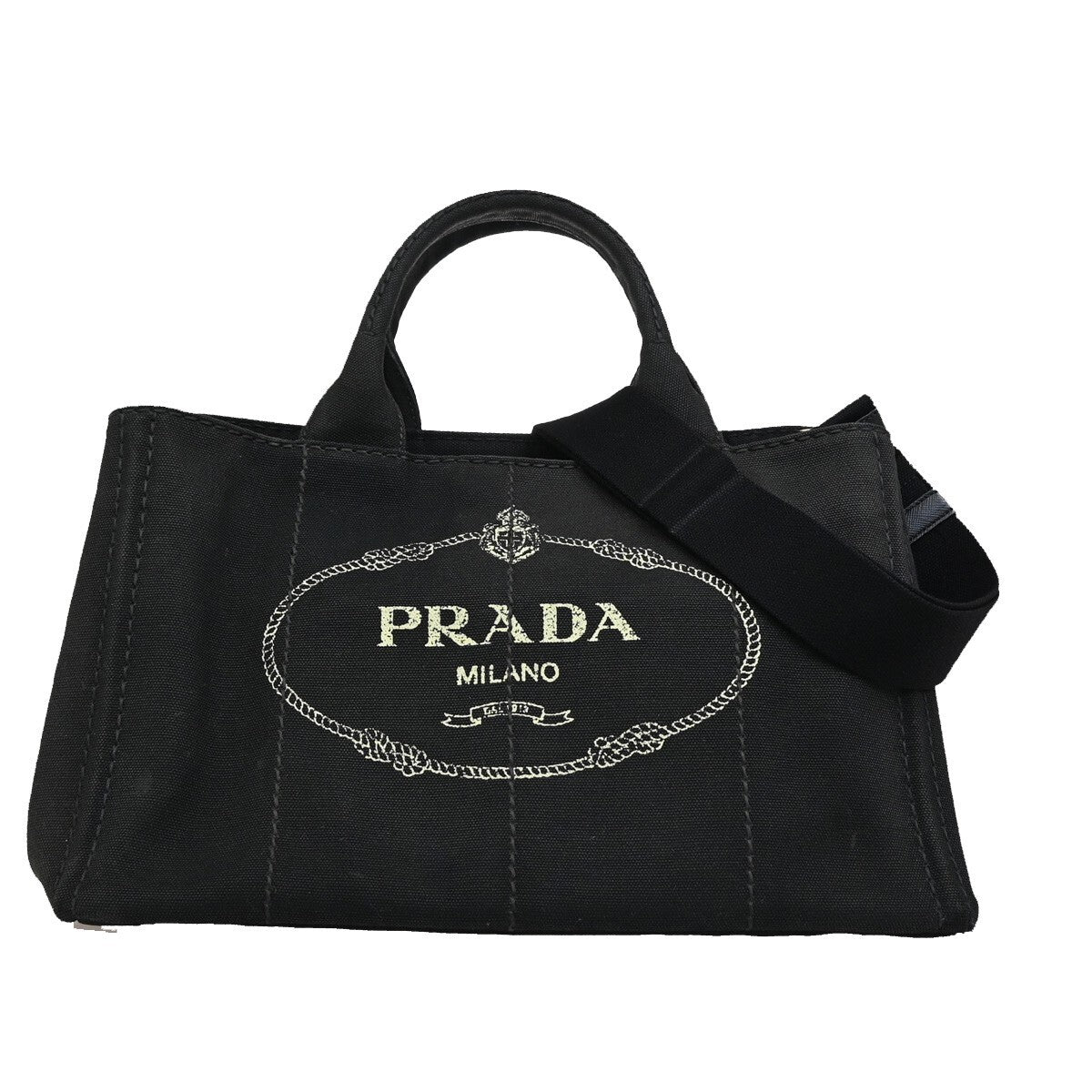 PRADA Logo Canapa 2Way Shoulder Hand Bag Canvas Leather Black GHW Italy 74EE291
